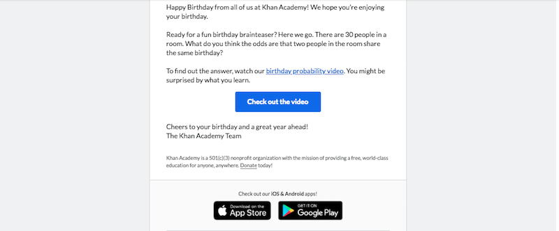 A CTA in a Khan Academy email.