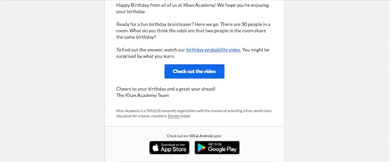 Una CTA en un correo electrónico de Khan Academy.