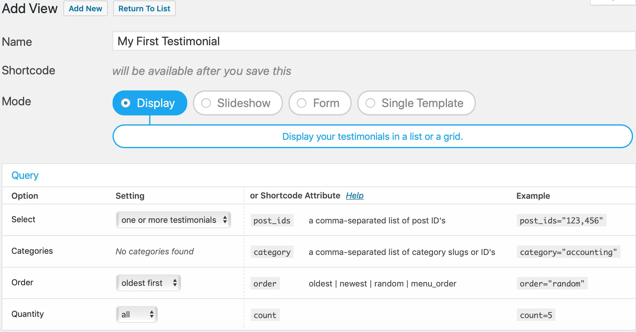 Optionen für die Anzeige von Testimonials.