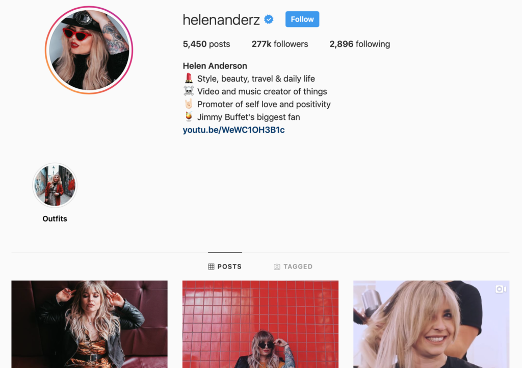 The Instagram account of popular influencer Helen Anderson.