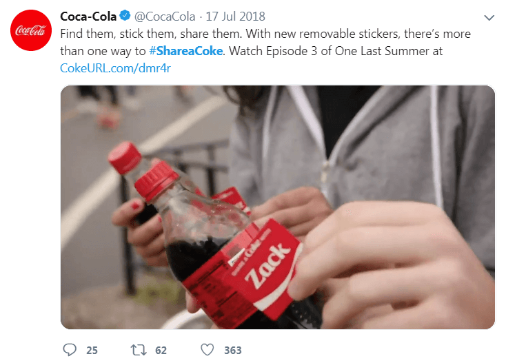 A Twitter post with the #ShareaCoke hashtag.