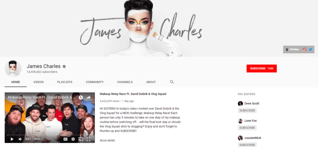 El canal de YouTube de James Charles.