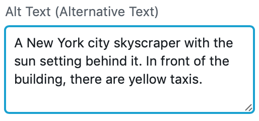 An example of strong alternative text. A short description of a New York scene is included within the Alt Text box. 
