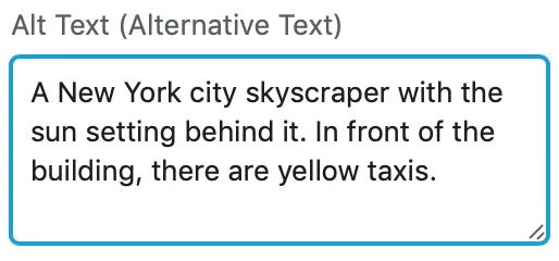 An example of strong alternative text. A short description of a New York scene is included within the Alt Text box. 