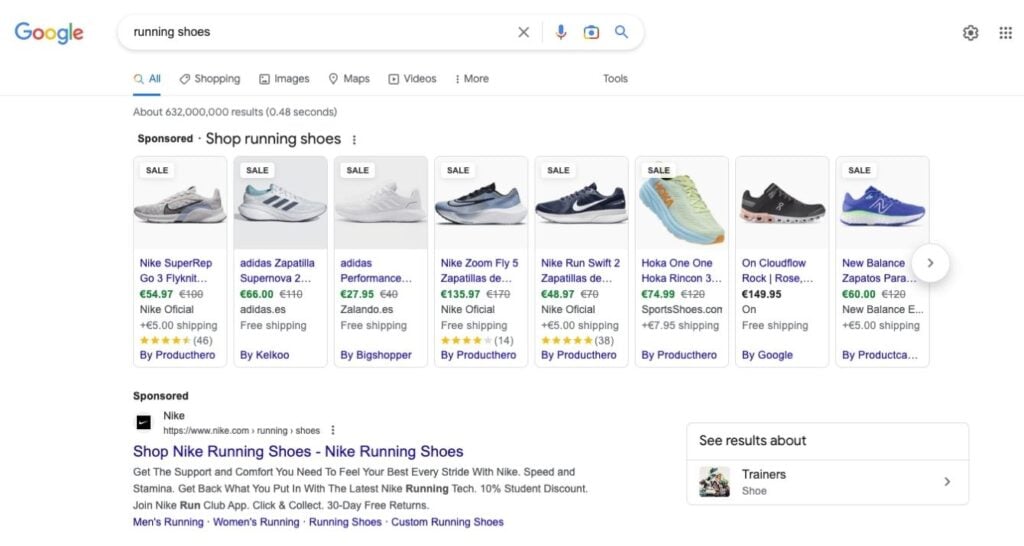 A Google search for running shoes