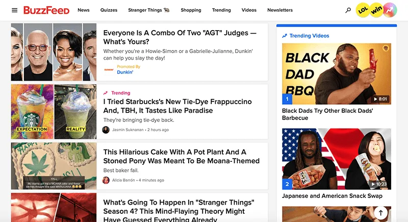 BuzzFeed nutzt seine Seitenleiste für Werbung und zur Anzeige von Trendvideos