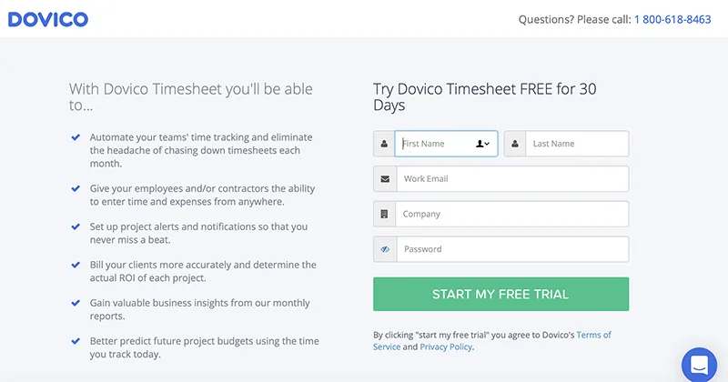 Die Landing Page von Dovico platziert den Firmennamen oben rechts, die Kontaktinformationen oben links und den Inhalt in einem scannbaren Format