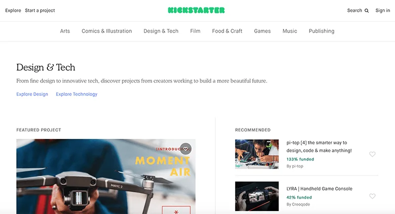 Kickstarter stellt oben auf der Seite ein Mission Statement auf