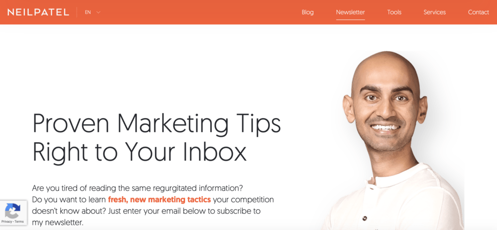 Neil Patel's email newsletter page, which promises valuable content to subscribers. 