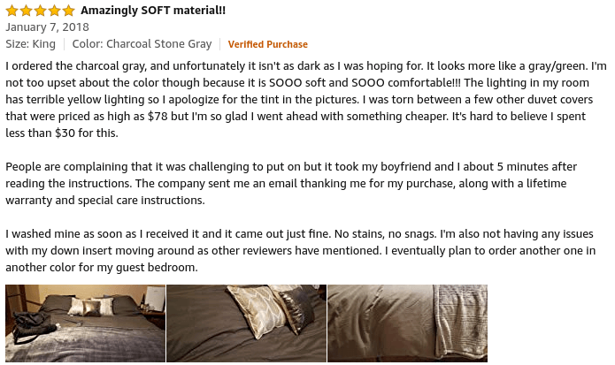 Amazon product review for bedding.