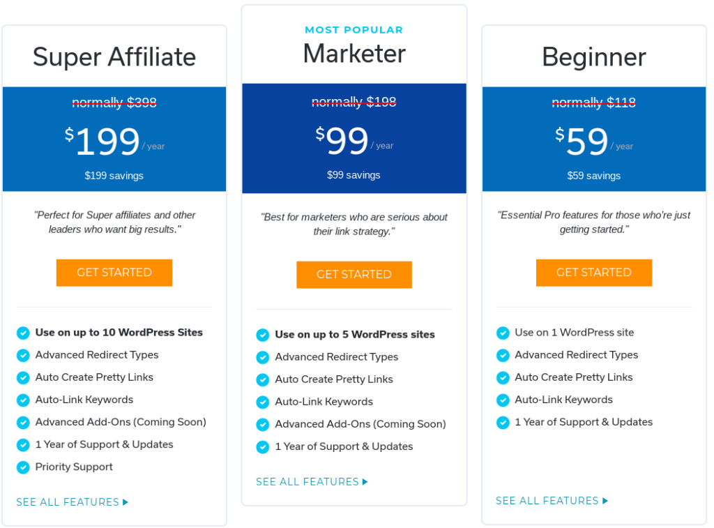 Pretty Links pricing plan options.