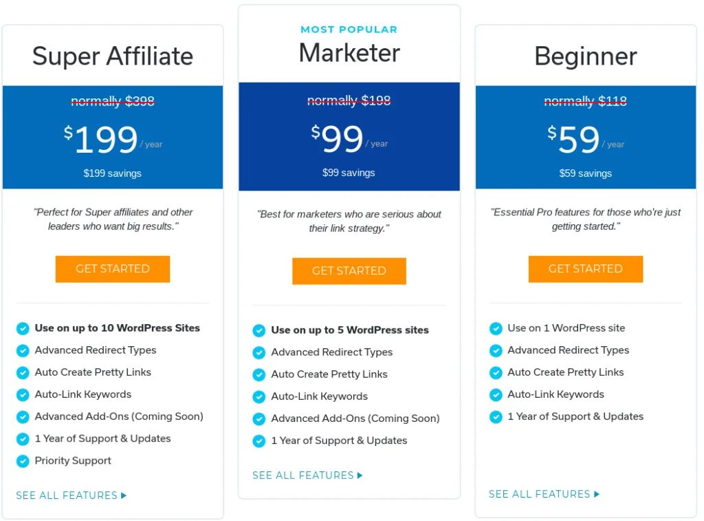 Pretty Links pricing plan options.