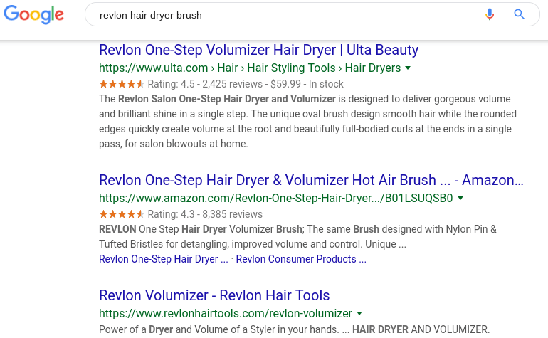 Google search results for Revlon hair dryer brush.