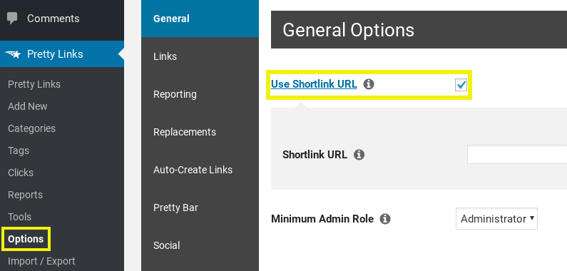 Pretty Links plugin settings page on WordPress dashboard.