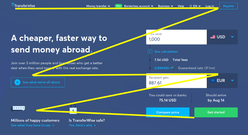 The TransferWise home page.