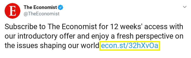 Un tweet du compte Twitter de The Economist qui inclut un lien URL raccourci vers un média social.