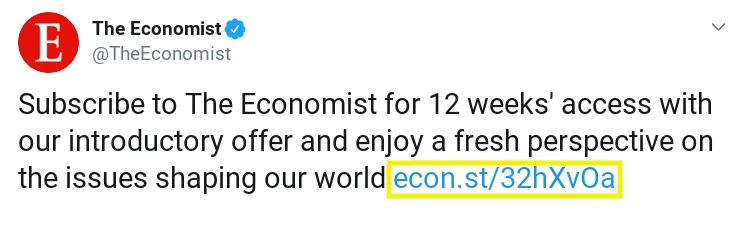 A tweet from The Economist Twitter account that includes a shortened social media linking URL.
