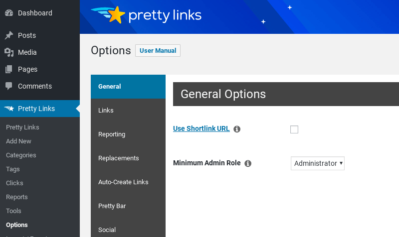 Pretty Links plugin dashboard options.