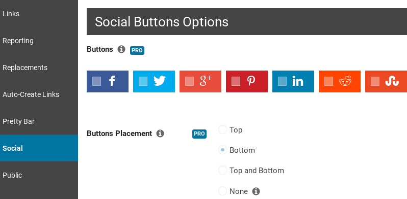 Les options de boutons sociaux de Pretty Links' dans WordPress.