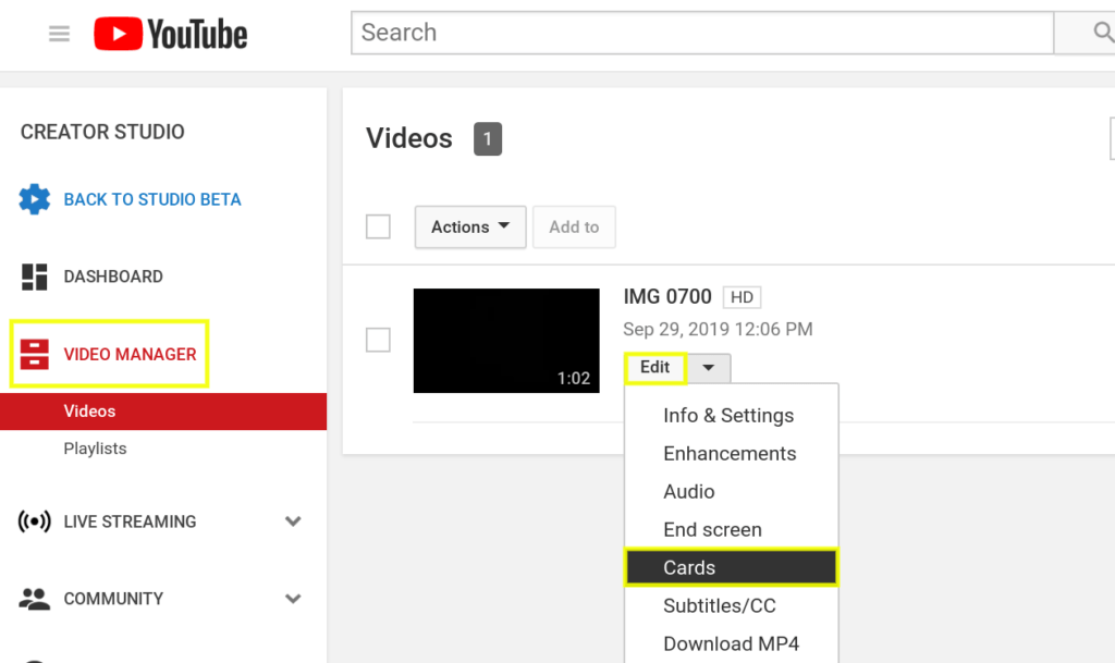 Adding a card to a YouTube video.