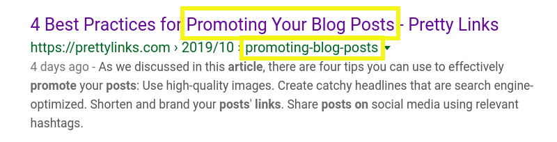 Blog post with matching title and permalink in search engine results.