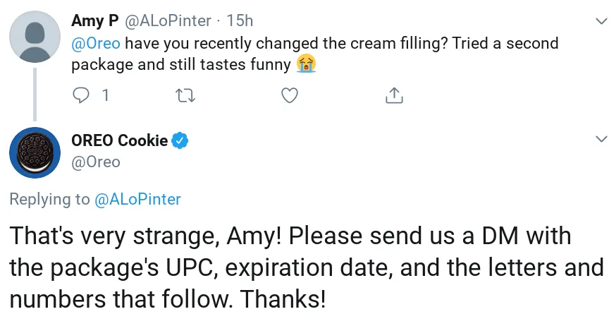 Oreo response to customer on Twitter.