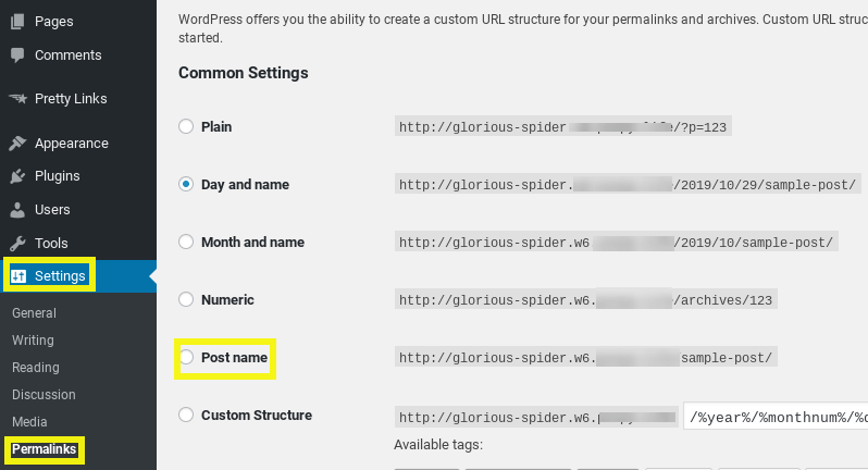Permalink settings in WordPress.