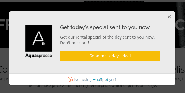 A Call-To-Action pop-up from Aquaspresso.