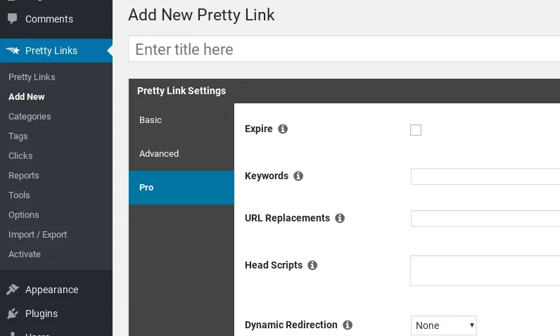 Pretty Links plugin options from WordPress dashboard.