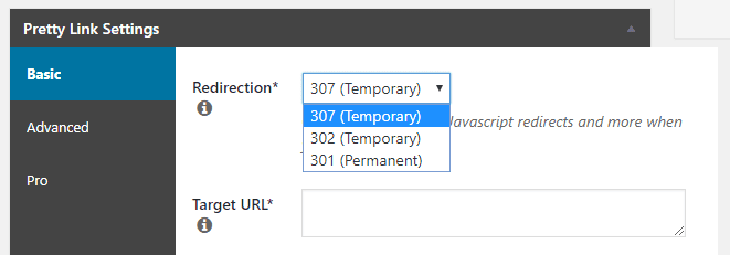 Velg hvilken type' pretty links ' omdirigere å bruke for link maskering 