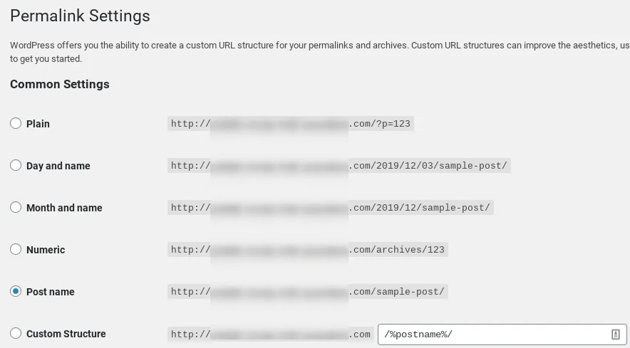 La page "Permalink Settings" dans le tableau de bord de WordPress.