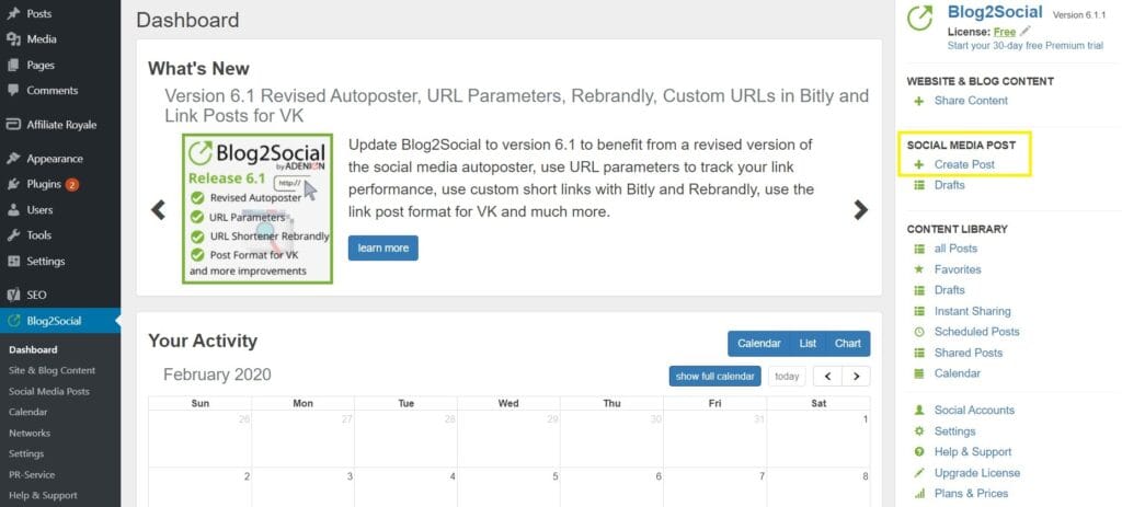 The Blog2Social dashboard.