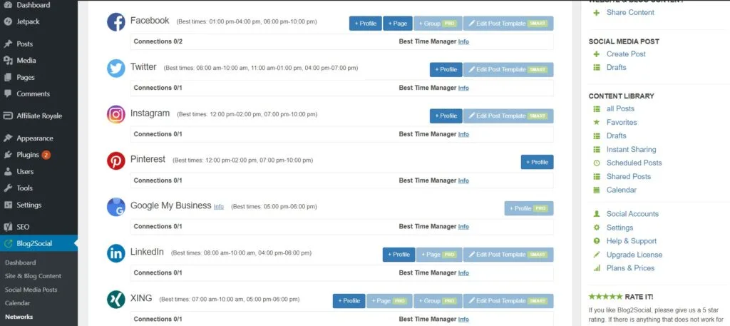 Le back-end de Blog2Social où vous pouvez connecter vos comptes de médias sociaux.