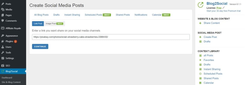 Adding a link to automate social media posts in Blog2Social.