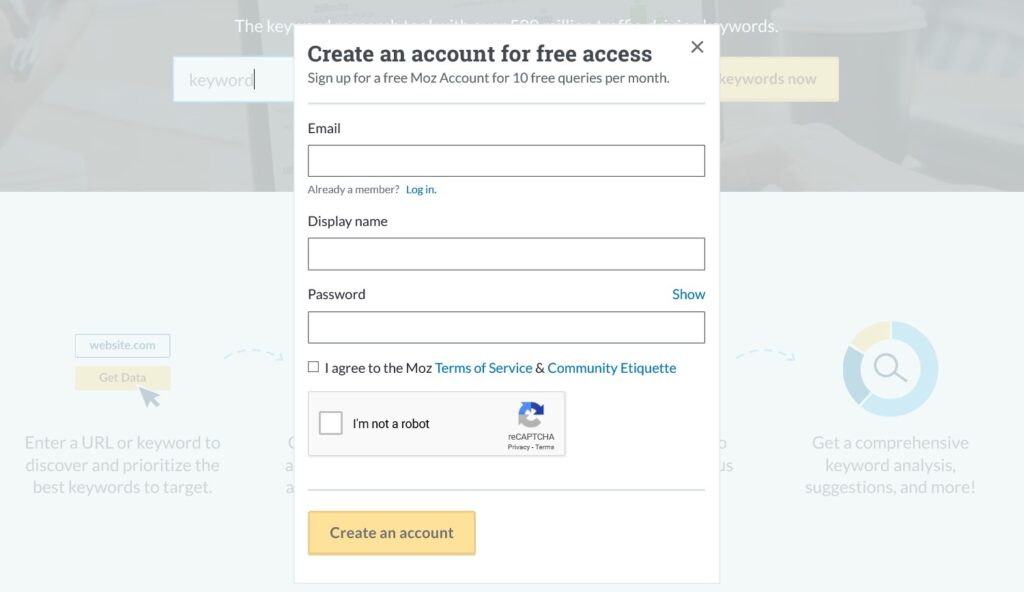 Moz's account creation form.