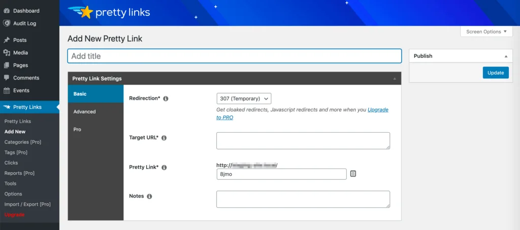 Creating a new Pretty Link.