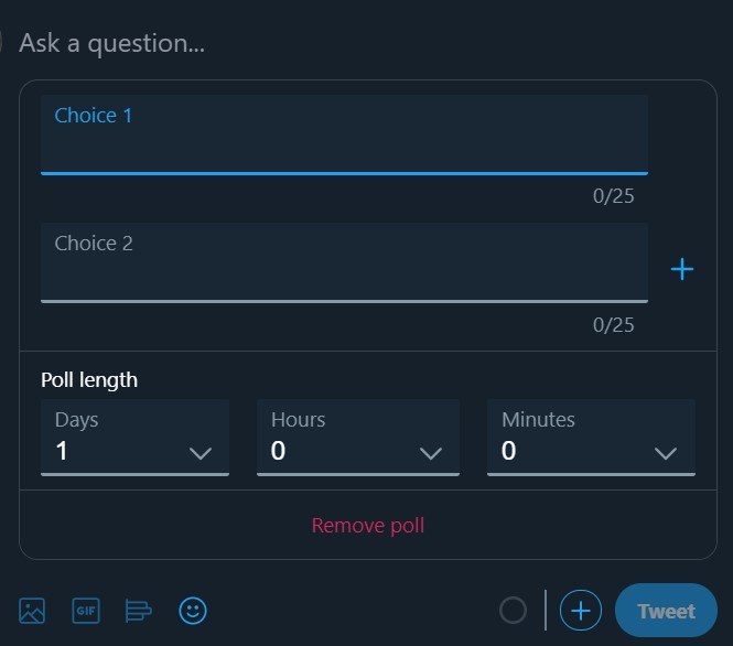Adding answer choices to a Twitter poll.