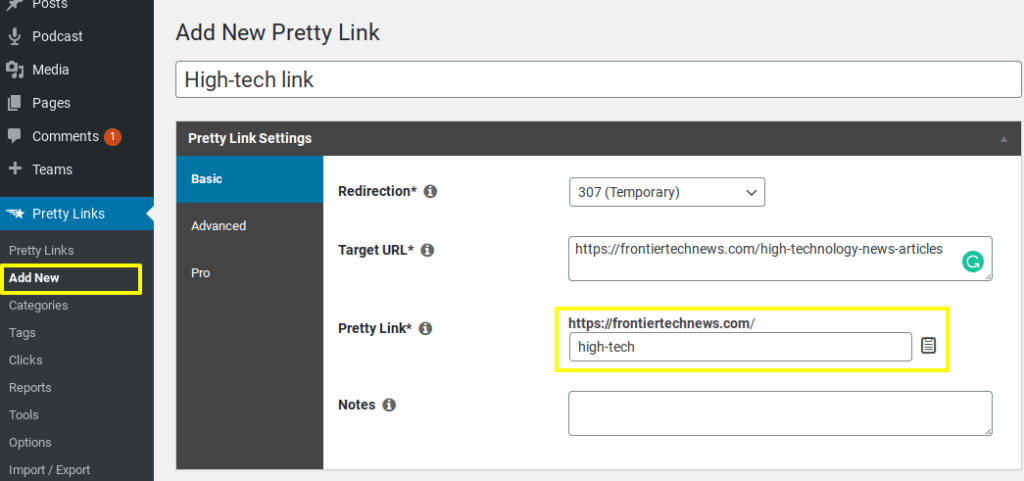 Adding a new link to Pretty Links.