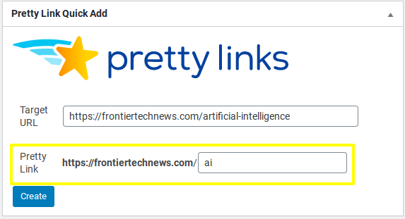 The Pretty Links quick add tool.