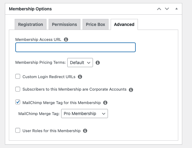 MemberPress Etiqueta de opções avançadas de associação