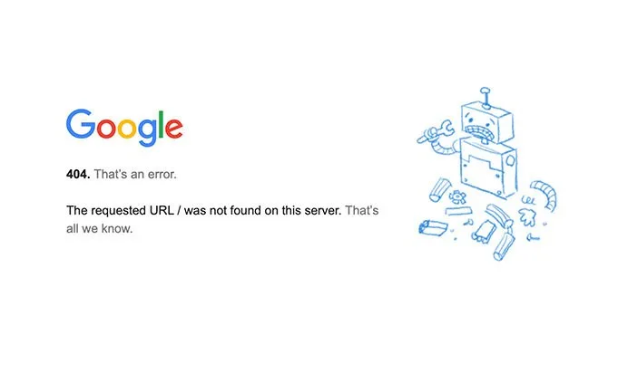 Google serves a 404 page error when a link it broken.