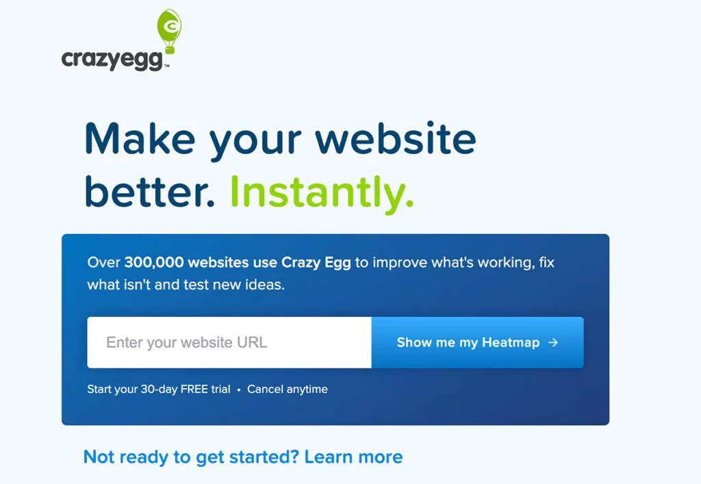 Página inicial do site da Crazy Egg.