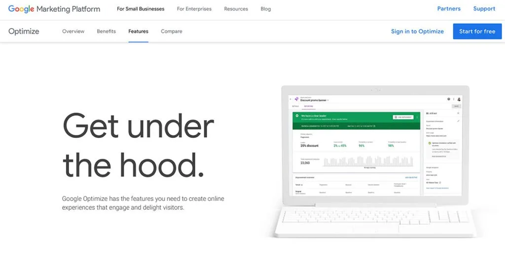 Ferramenta on-line gratuita do Google Optimize para testes A/B de seu site. 