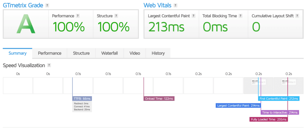 GTmetrix speed test results.