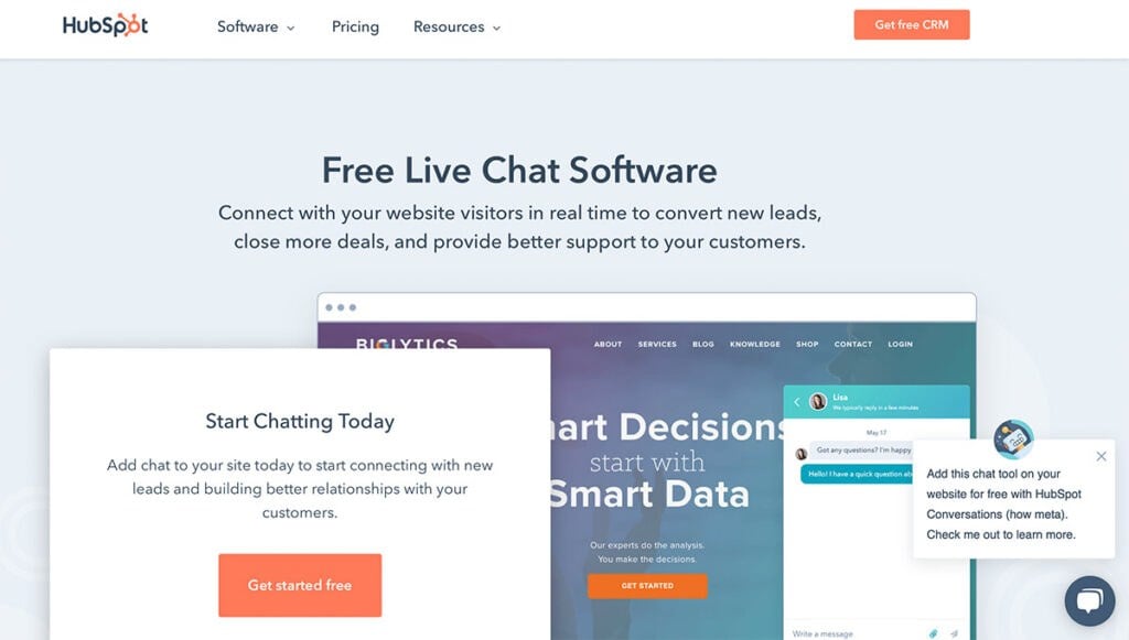 The HubSpot Free Live Chat Software website. 