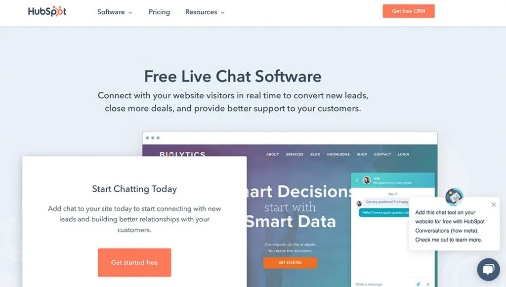 O site do software gratuito de bate-papo ao vivo da HubSpot. 