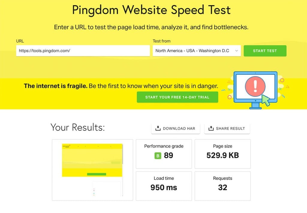 Pingdom Website Speed Test online tool.