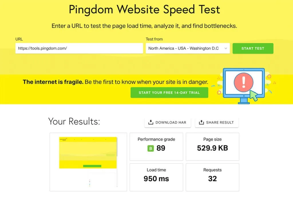 Ferramenta on-line Pingdom Website Speed Test.