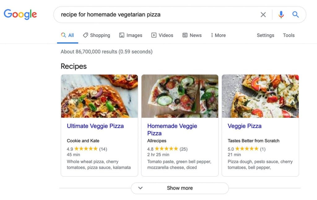 An example of how structured data (schema) can boost your SEO in Google search results. 