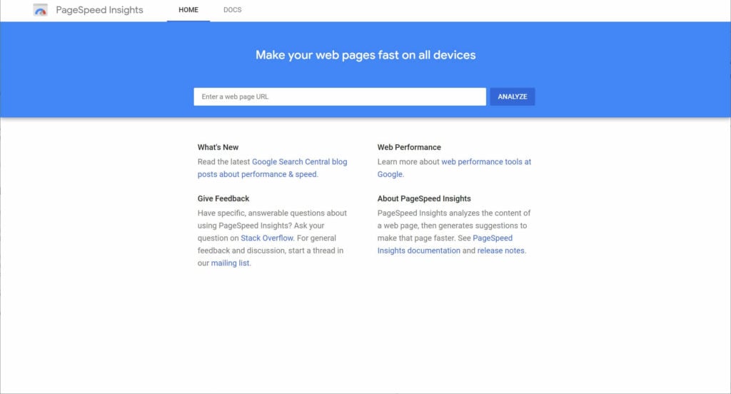 The Google PageSpeed Insights home page.